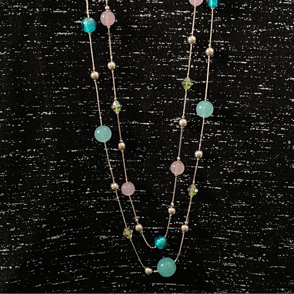 Multi-Strand Pastel Gemstone Bead Necklace Aqua | Pink | Lime | Silver-Tone - Picture 4 of 5